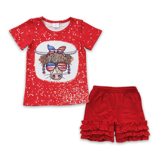 Highland cow glasses shirt red shorts girls 4th of july outfits