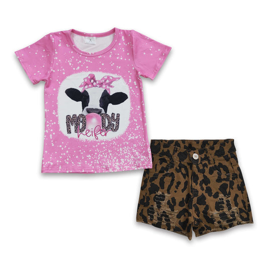 Moody heifer shirt leopard denim shorts girls clothing set