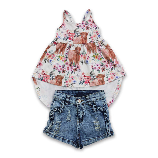 Highland cow high-low top denim shorts girls clothing set