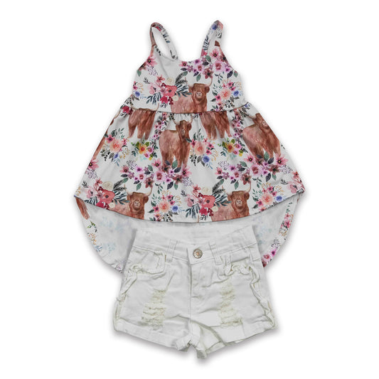 Highland cow high-low top white denim shorts girls clothing set