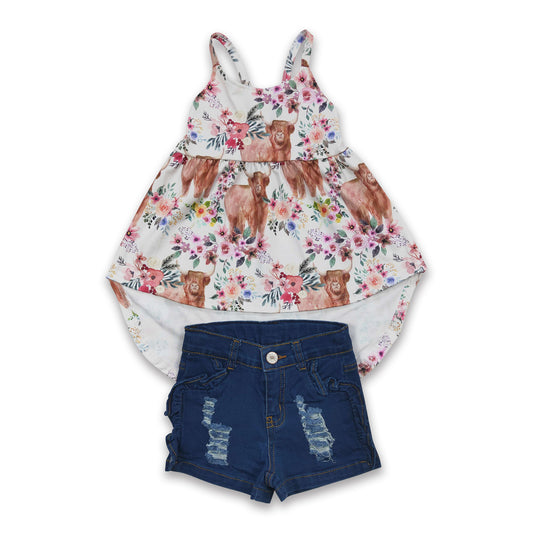 Highland cow high-low top blue denim shorts girls clothing set