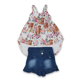 Highland cow high-low top ruffle denim shorts girls clothing set