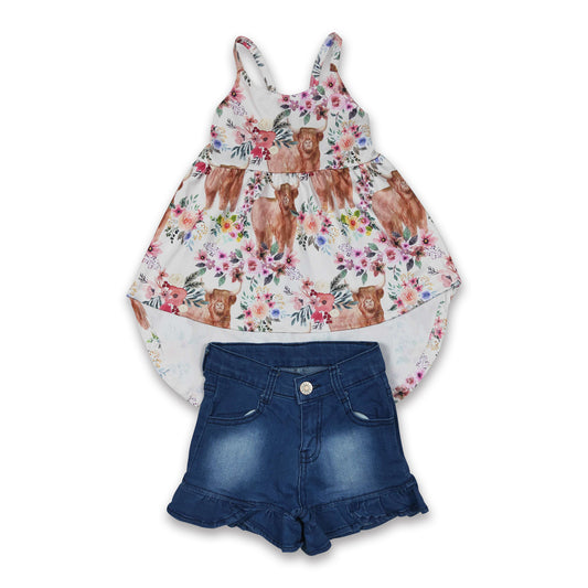 Highland cow high-low top ruffle denim shorts girls clothing set