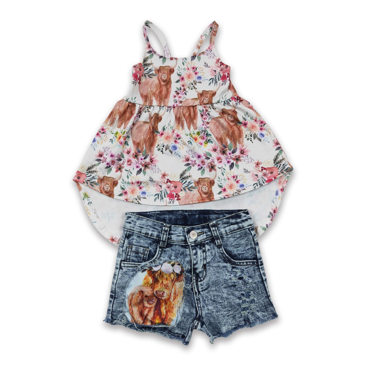 Highland cow high-low top denim shorts girls clothes