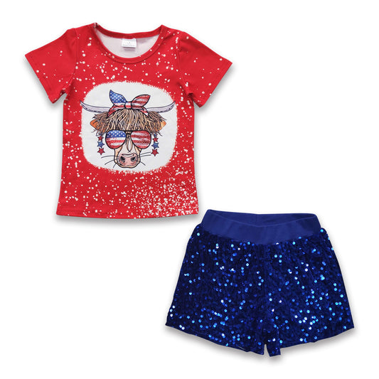 Highland cow shirt blue sequin shorts girls 4th of july set
