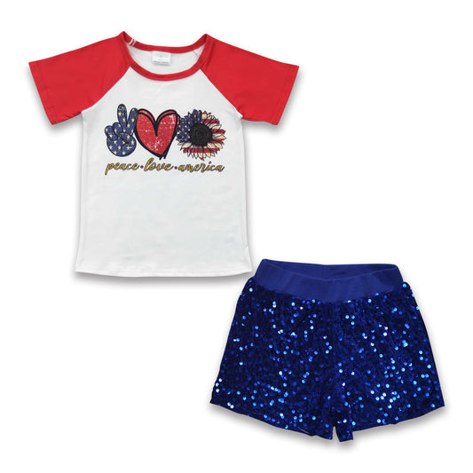 Peace love america shirt blue sequin shorts girls 4th of july set