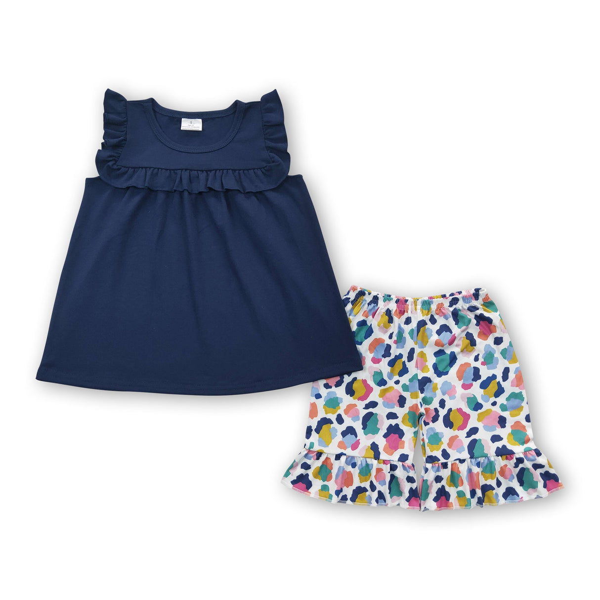 Navy top leopard shorts kids girls summer clothes