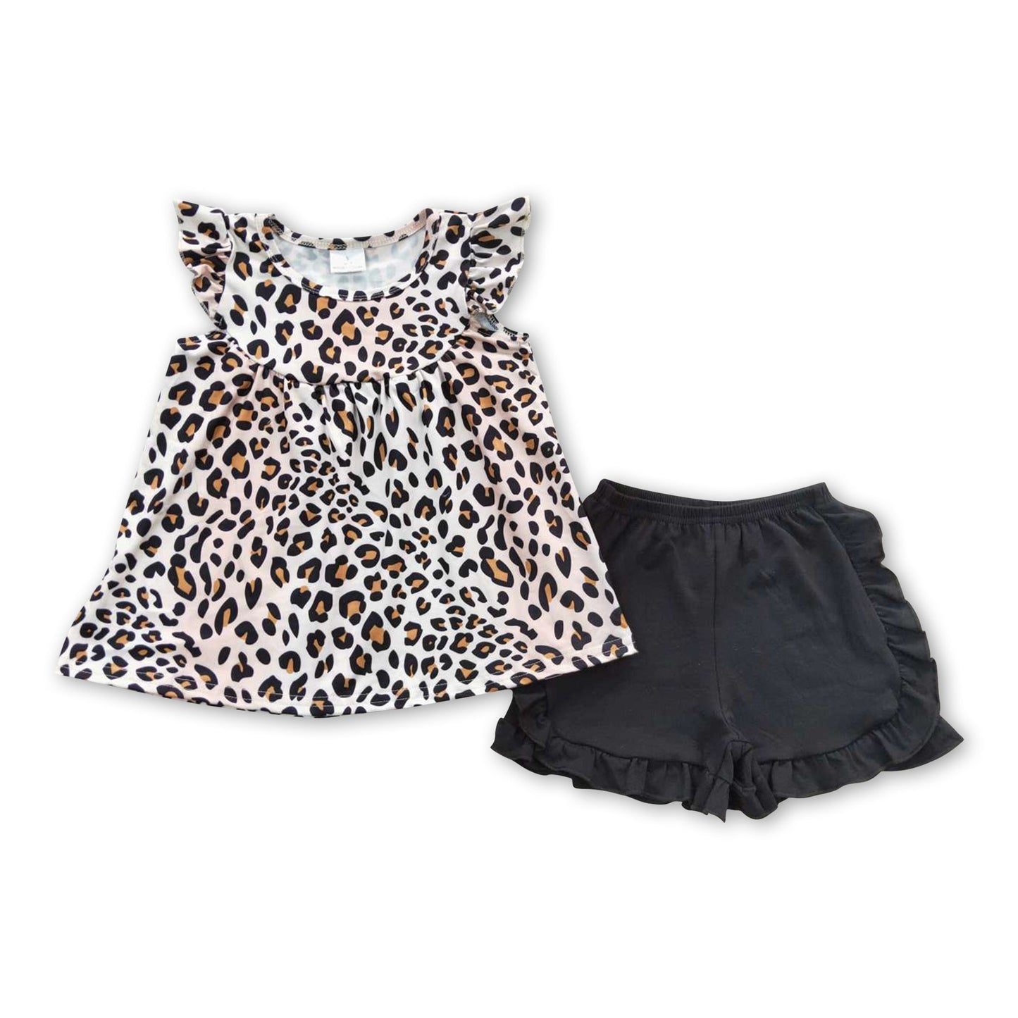 Leopard flutter sleeves shirt black shorts girls summer clothes – Yawoo ...