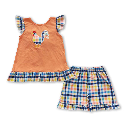 Flutter sleeves chicken top plaid shorts girls clothes