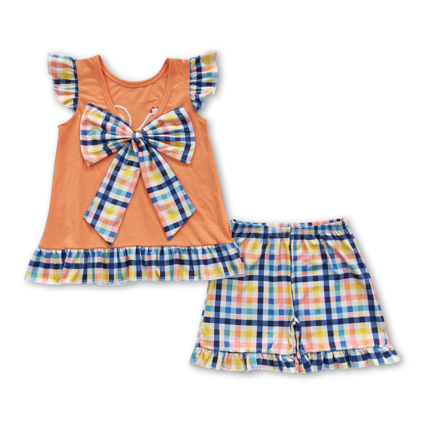 Flutter sleeves chicken top plaid shorts girls clothes