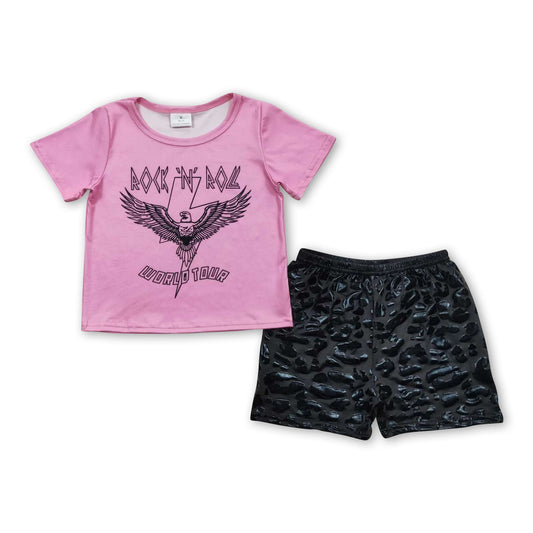 Pink bird shirt leopard shorts kids girls clothing
