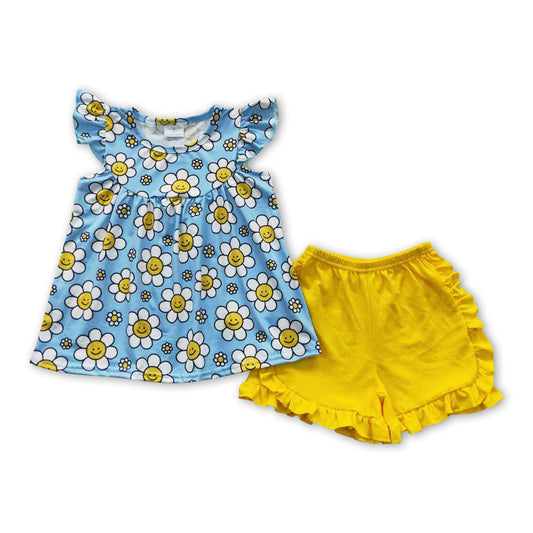 Sun flower flutter sleeves top yellow shorts girls summer set