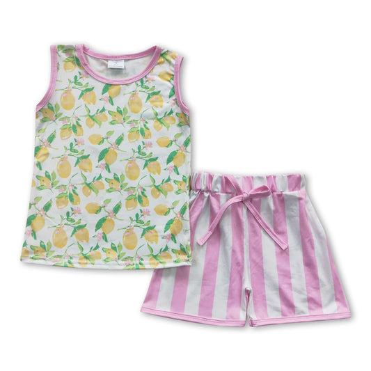 Sleeveless lemon shirt stripe shorts girls summer clothing