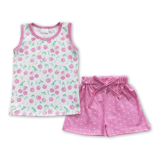 Sleeveless pink cherry shirt shorts girls summer clothing