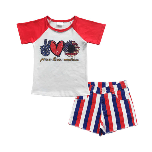 Peace love American top stripe denim shorts girls 4th of july clothes