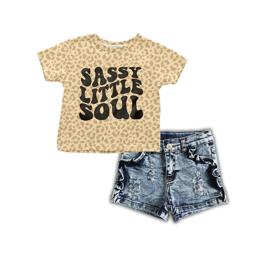 Sassy little soul leopard shirt denim shorts girls clothes