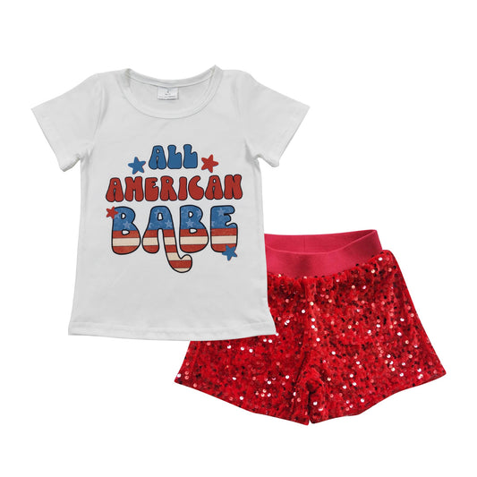 All american babe shirt red sequin shorts girls 4th of july set