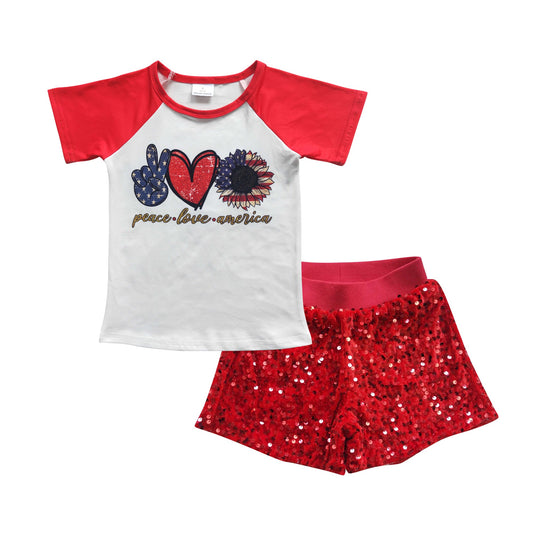Peace love america shirt red sequin shorts girls 4th of july set