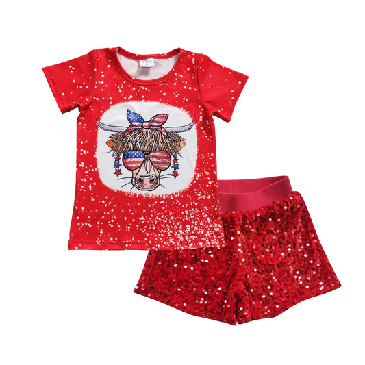 Highland cow shirt red sequin shorts girls 4th of july set