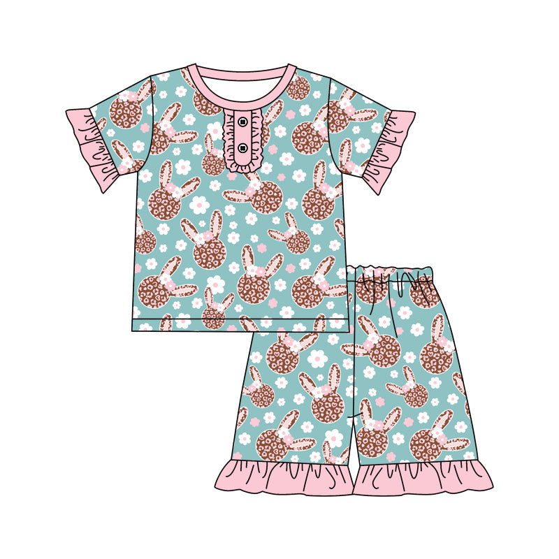 Short sleeves leopard bunny floral girls easter pajamas