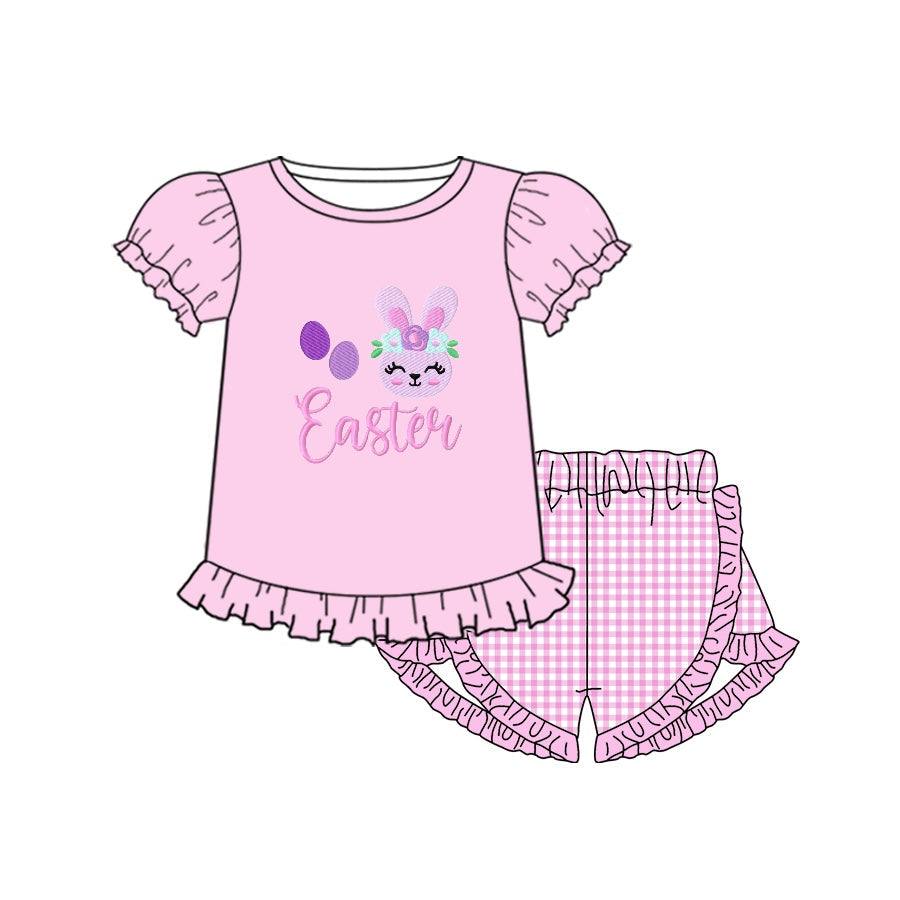 Pink eggs bunny top plaid shorts girls easter clothing