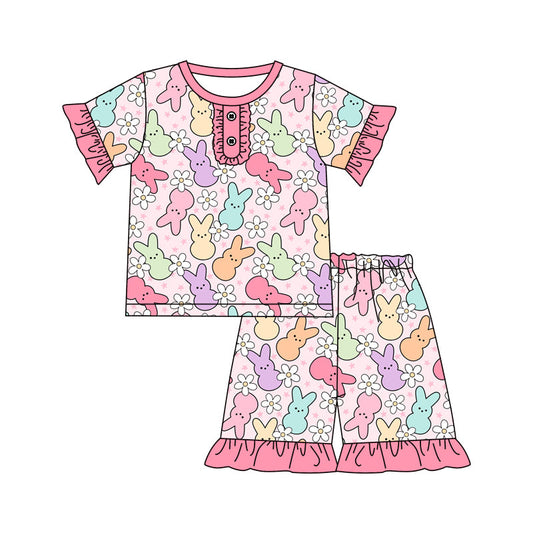 Short sleeves bunny floral kids girls easter pajamas