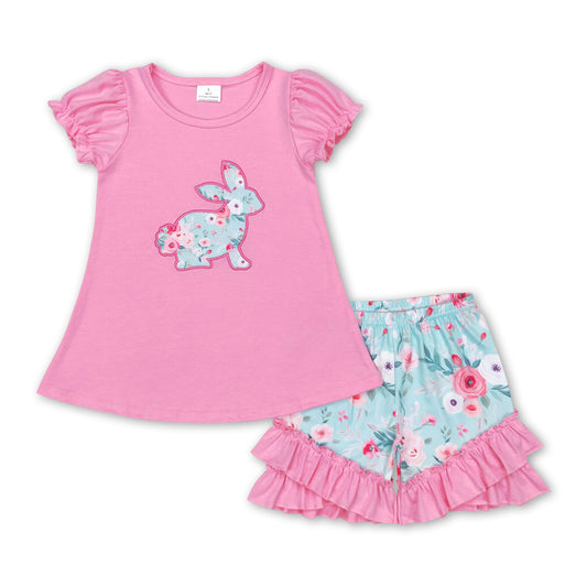 Floral bunny pink top ruffle shorts girls easter clothes