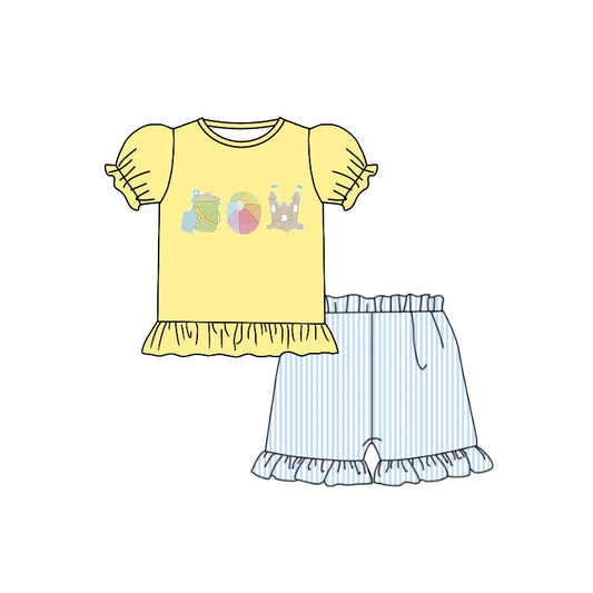 Yellow ball castle top stripe shorts girls beach summer outfits