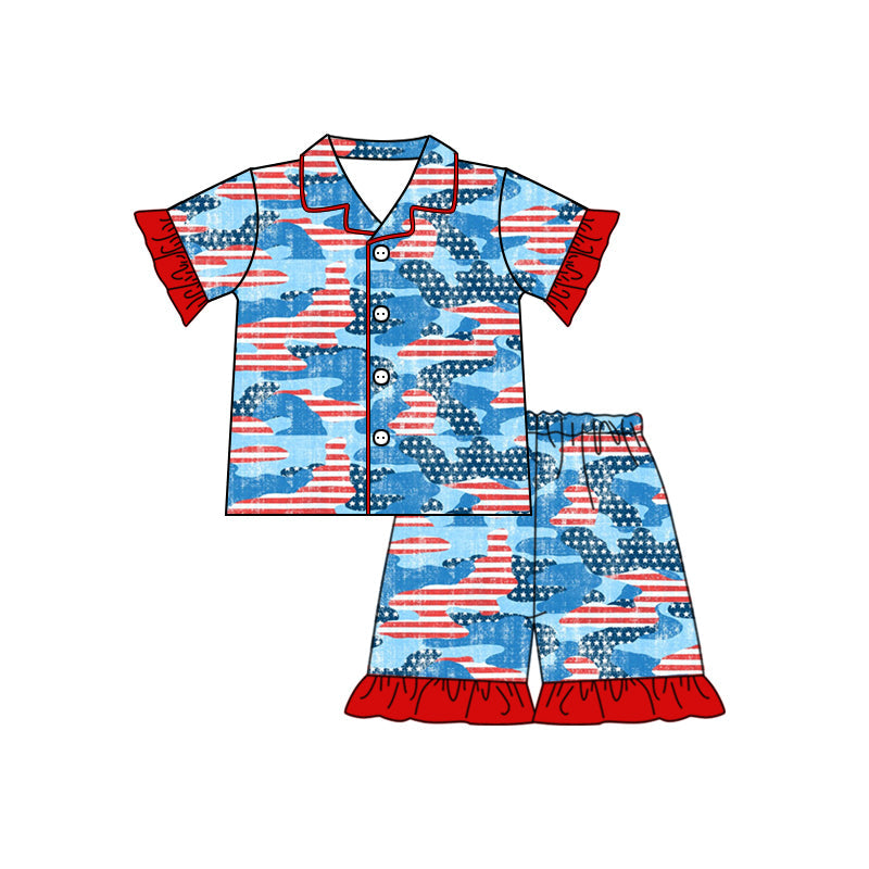 Stars stripe camo girls button down 4th of july pajamas