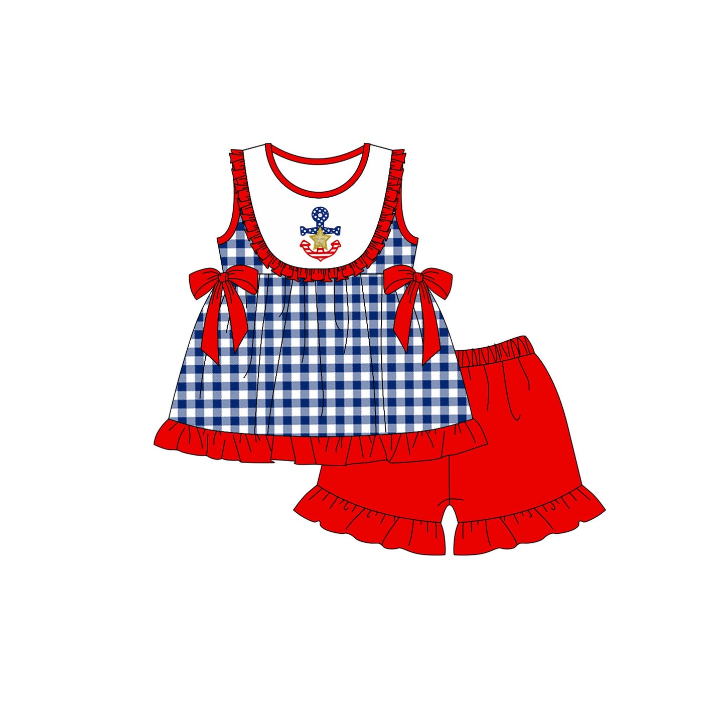 Anchor plaid tunic ruffle shorts girls 4th of july set