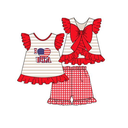 I love USA bow top plaid shorts girls 4th of july clothes