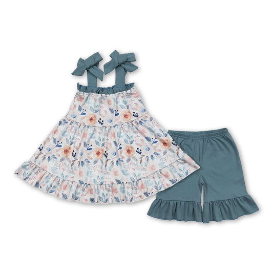 Suspender floral tunic ruffle shorts girls clothes