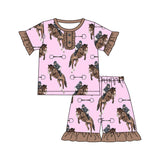 Pink ruffle rodeo horse kids girls summer pajamas