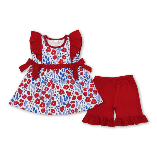 Red floral blue tunic shorts girls 4th of july clothing