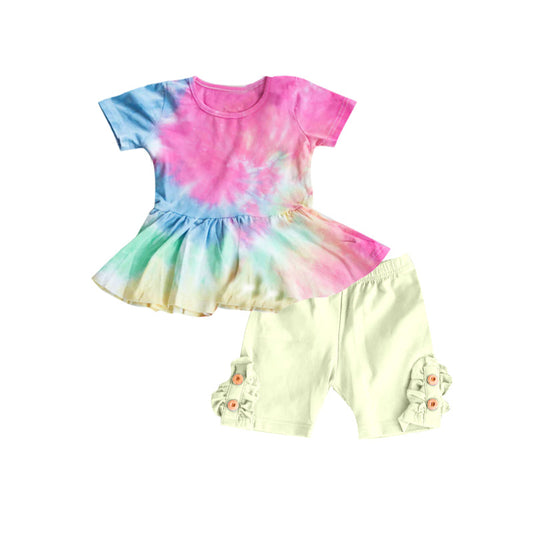 Tie dye peplum yellow shorts girls summer clothes