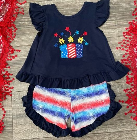 Navy fireworks top ruffle shorts girls 4th of july clothes