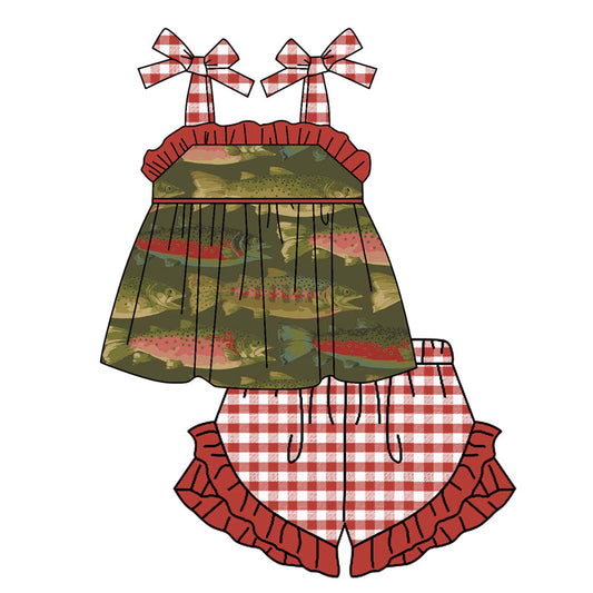 Red plaid straps fish tunic shorts girls summer clothing