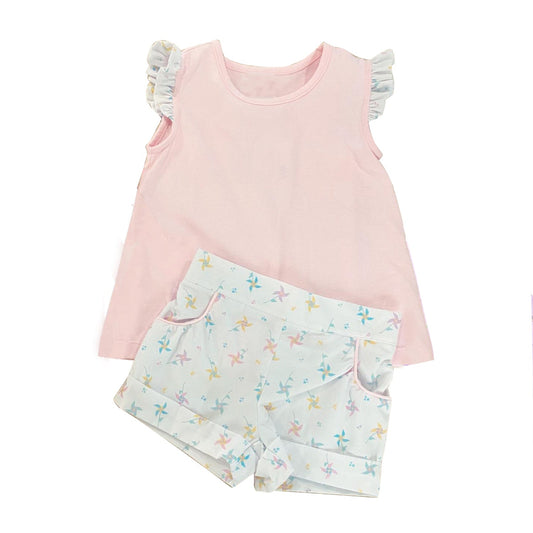 Flutter sleeves top pinwheel shorts girls summer clothing