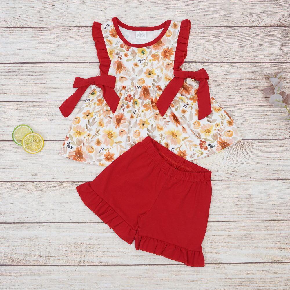 Floral tunic red ruffle shorts girls summer clothing