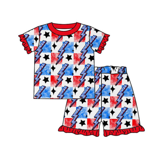 Red blue plaid stars thunder kids girls 4th of july pajamas