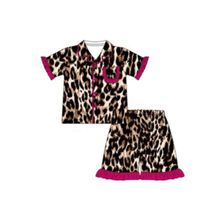 Ruffle short sleeves leopard girls button down pajamas