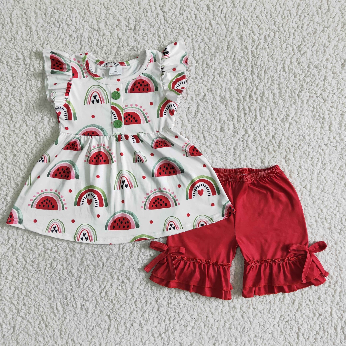 Flutter sleeve watermelon shirt ruffle shorts girls summer clothing