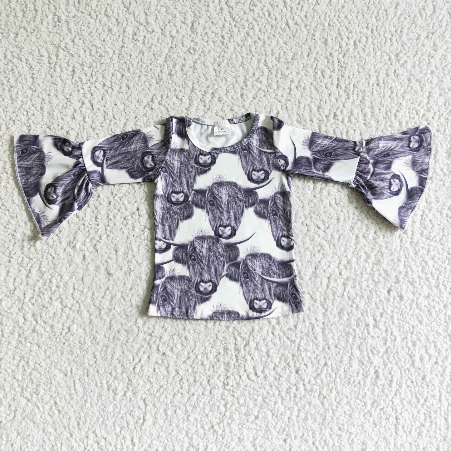 Gray highland cow ruffle sleeves girls shirt