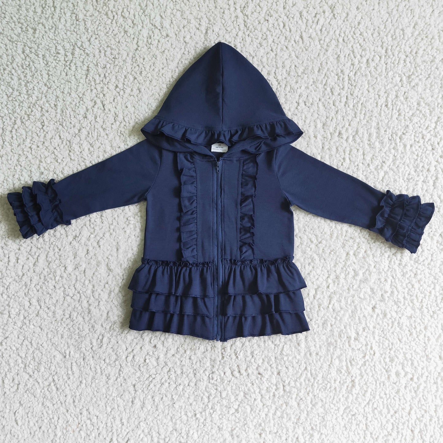 Solid blue zipper jacket girls ruffle hoodie cardigan