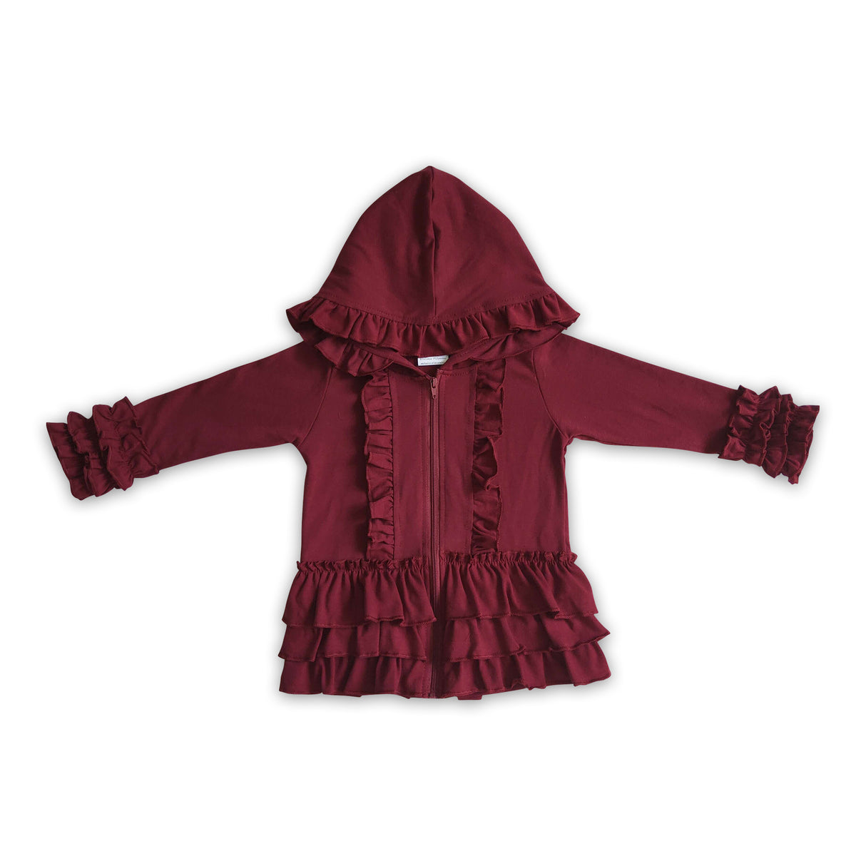 Solid Maroon zipper jacket girls ruffle hoodie cardigan