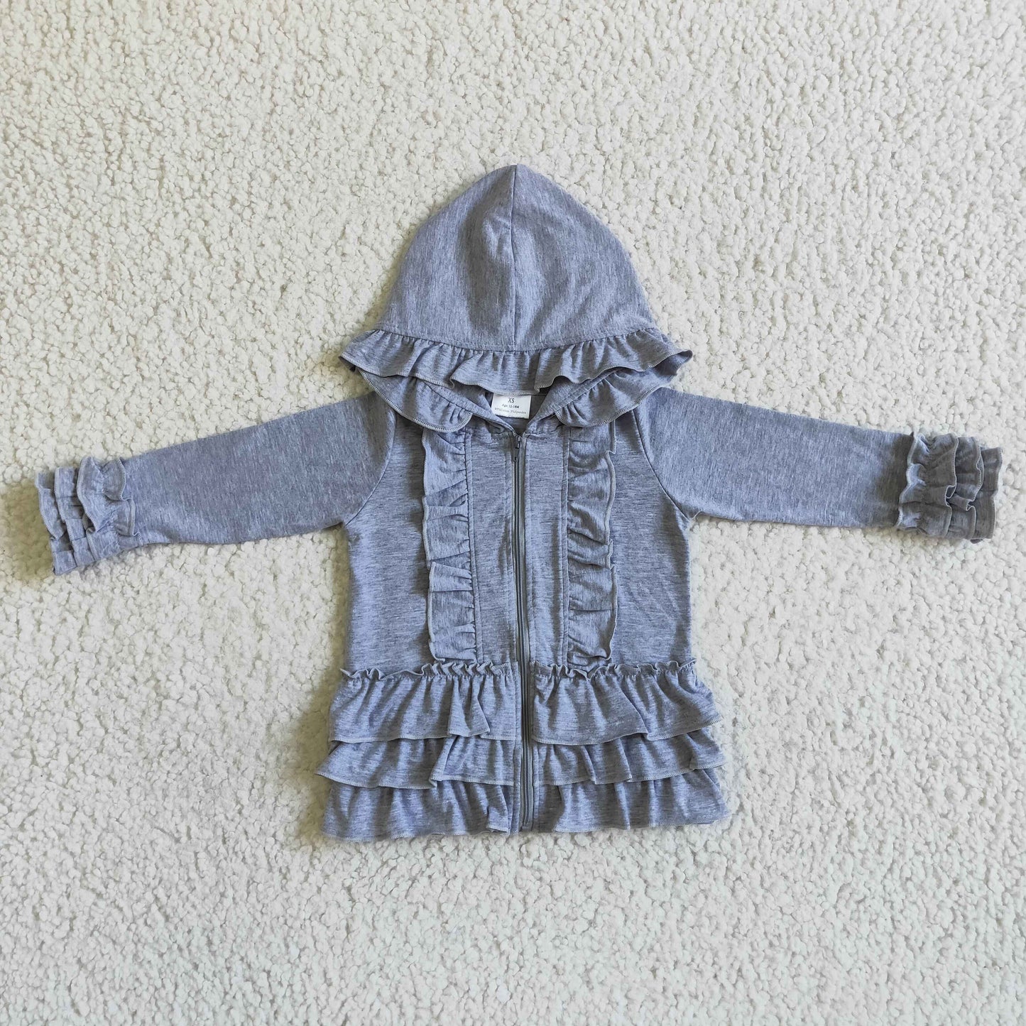 Solid gray zipper jacket girls ruffle hoodie cardigan