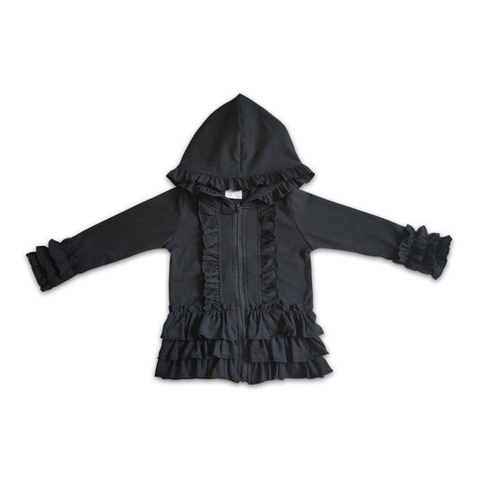 Solid black zipper jacket girls ruffle hoodie cardigan