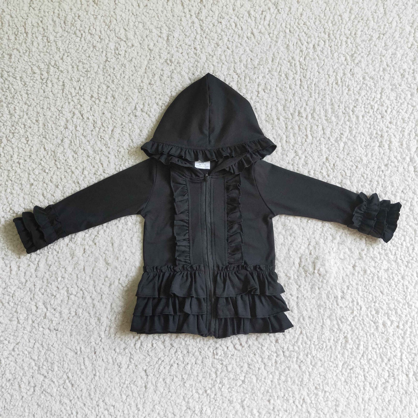 Solid black zipper jacket girls ruffle hoodie cardigan