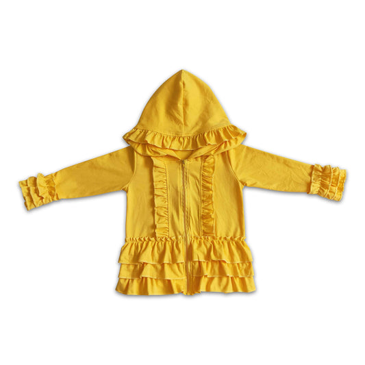 Solid mustard zipper jacket girls ruffle hoodie cardigan
