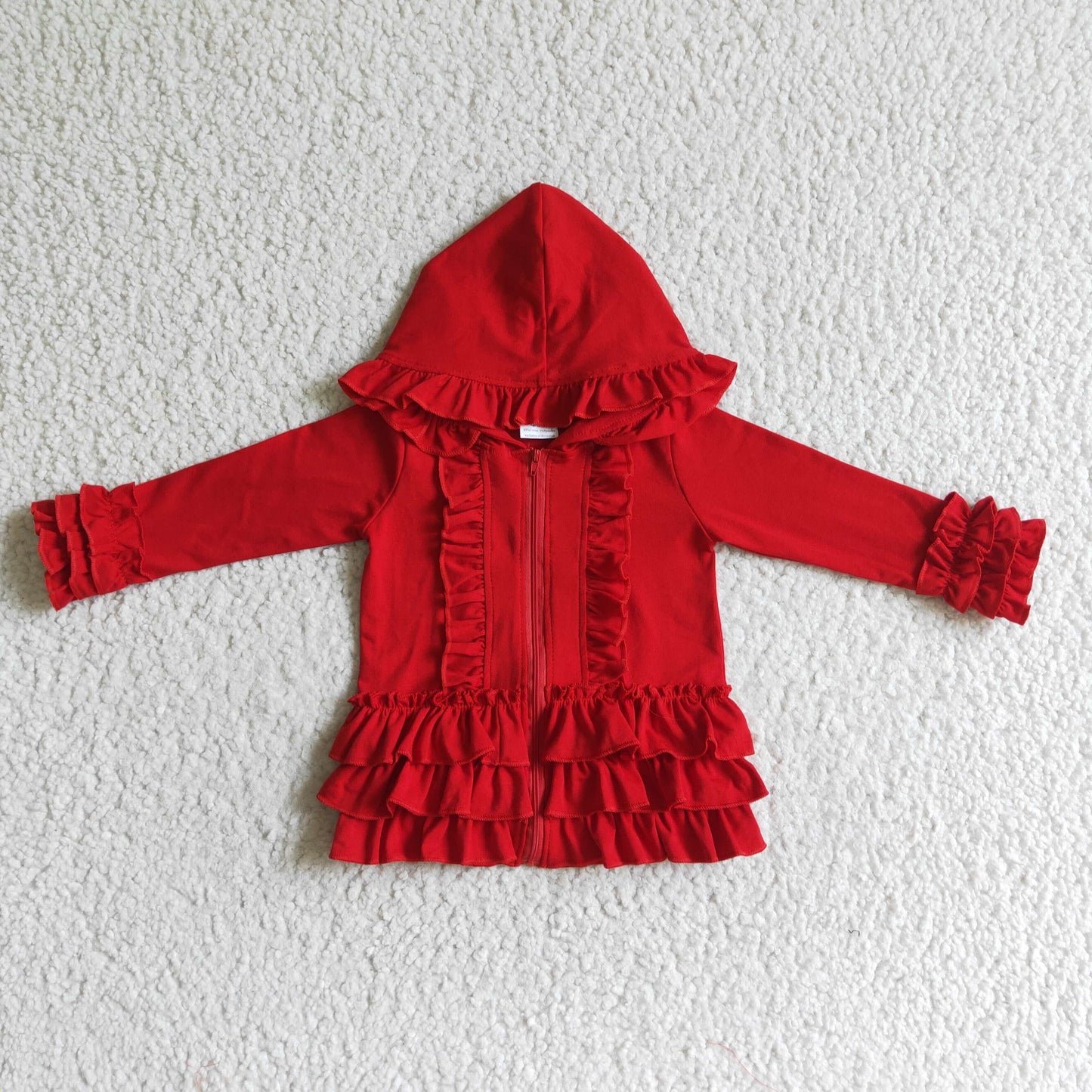 Solid red zipper jacket girls ruffle hoodie cardigan
